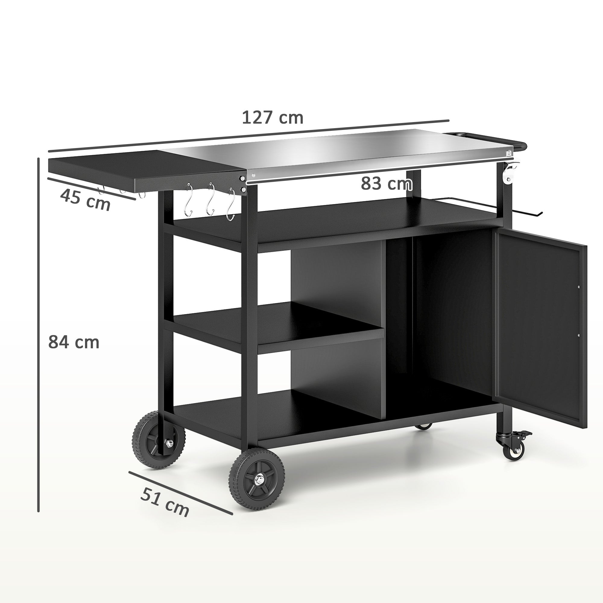 Outdoor BBQ Trolley Cart with Stainless Steel Top, Folding Shelf, Hooks, Cover Included, Outdoor Rolling Cart, 127x51x84cm, Black