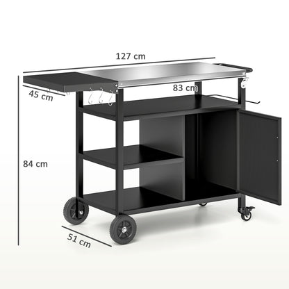 Outdoor BBQ Trolley Cart with Stainless Steel Top, Folding Shelf, Hooks, Cover Included, Outdoor Rolling Cart, 127x51x84cm, Black