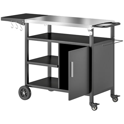 Outdoor BBQ Trolley Cart with Stainless Steel Top, Folding Shelf, Hooks, Cover Included, Outdoor Rolling Cart, 127x51x84cm, Black