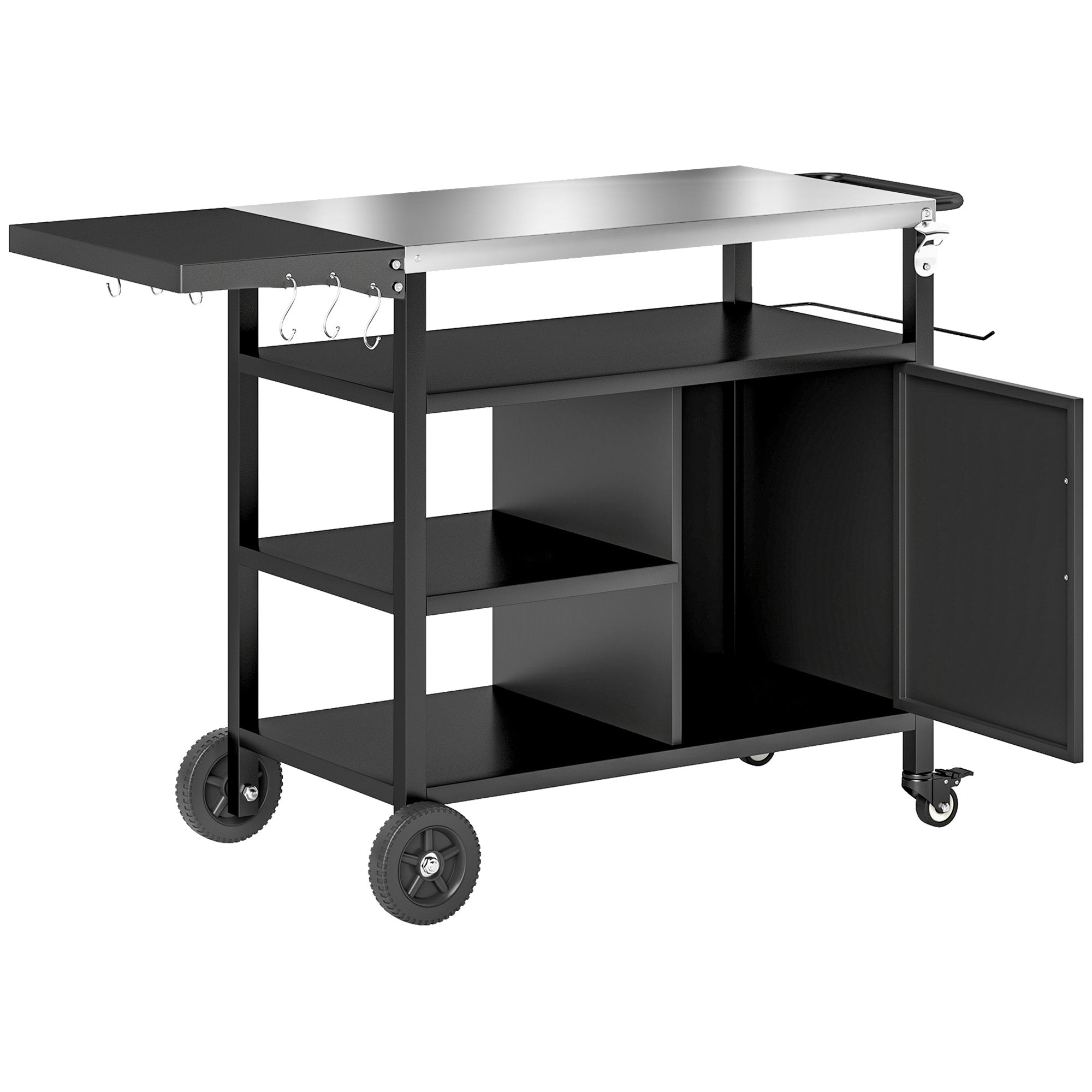 Outdoor BBQ Trolley Cart with Stainless Steel Top, Folding Shelf, Hooks, Cover Included, Outdoor Rolling Cart, 127x51x84cm, Black