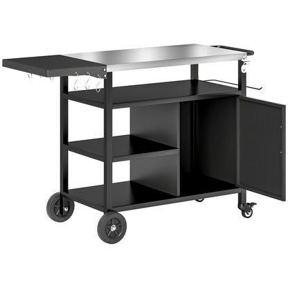 Outdoor BBQ Trolley Cart with Stainless Steel Top, Folding Shelf, Hooks, Cover Included, Outdoor Rolling Cart, 127x51x84cm, Black