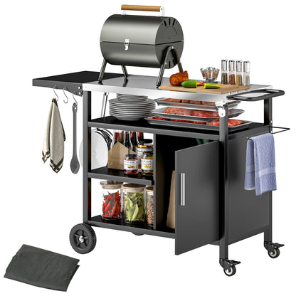 Outdoor BBQ Trolley Cart with Stainless Steel Top, Folding Shelf, Hooks, Cover Included, Outdoor Rolling Cart, 127x51x84cm, Black