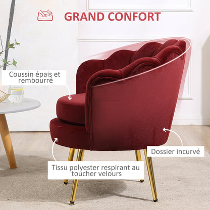 Velvet Club Chair with Golden Metal Legs for Bedroom, 76 x 67 x 74 cm, Wine Red