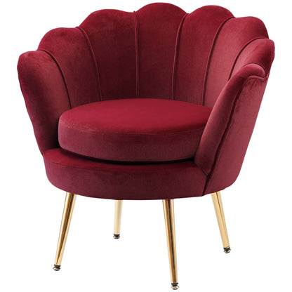 Velvet Club Chair with Golden Metal Legs for Bedroom, 76 x 67 x 74 cm, Wine Red