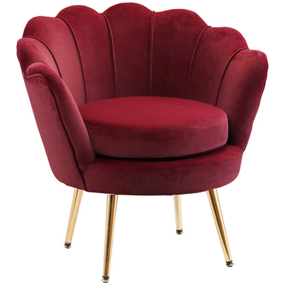 Velvet Club Chair with Golden Metal Legs for Bedroom, 76 x 67 x 74 cm, Wine Red