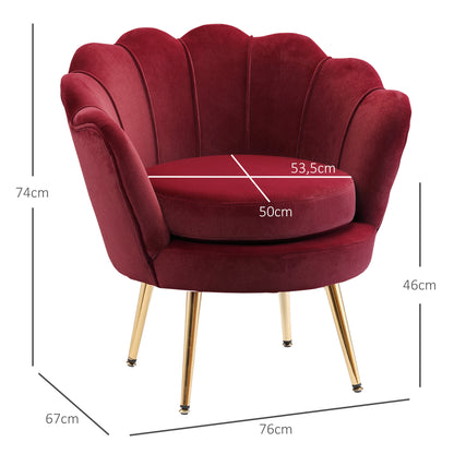 Velvet Club Chair with Golden Metal Legs for Bedroom, 76 x 67 x 74 cm, Wine Red