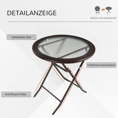 Garden Table, Round Folding Table, Ø68 cm Camping Table, Side Table, Garden Dining Table with Rattan Decor, for Balcony, Terrace, Steel, Brown