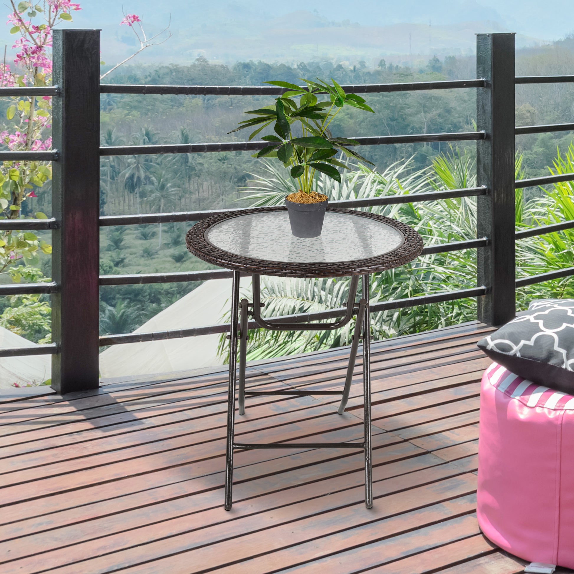 Garden Table, Round Folding Table, Ø68 cm Camping Table, Side Table, Garden Dining Table with Rattan Decor, for Balcony, Terrace, Steel, Brown