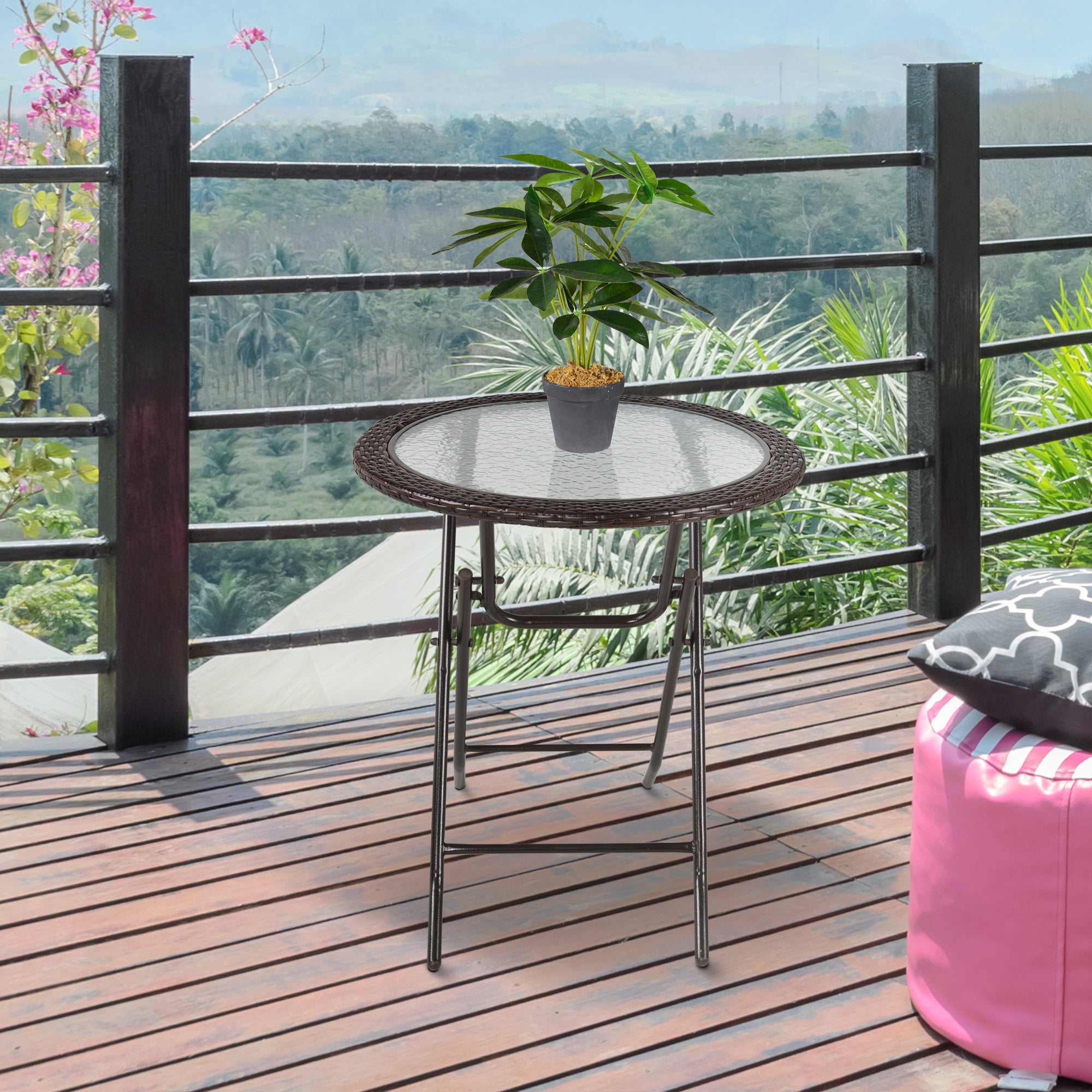Garden Table, Round Folding Table, Ø68 cm Camping Table, Side Table, Garden Dining Table with Rattan Decor, for Balcony, Terrace, Steel, Brown