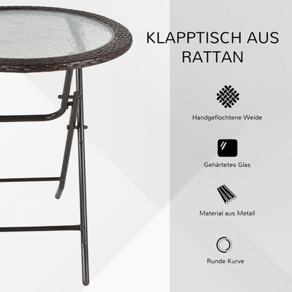 Garden Table, Round Folding Table, Ø68 cm Camping Table, Side Table, Garden Dining Table with Rattan Decor, for Balcony, Terrace, Steel, Brown