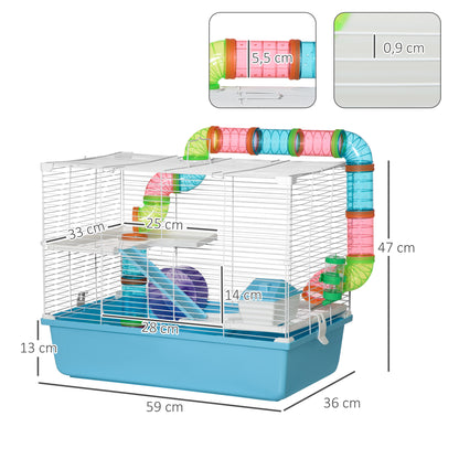 Hamster Rat Rodent Cage 3 Levels with Tunnel, Water Bottle, Wheel, House, Ladders dim. 59L x 36W x 47H cm