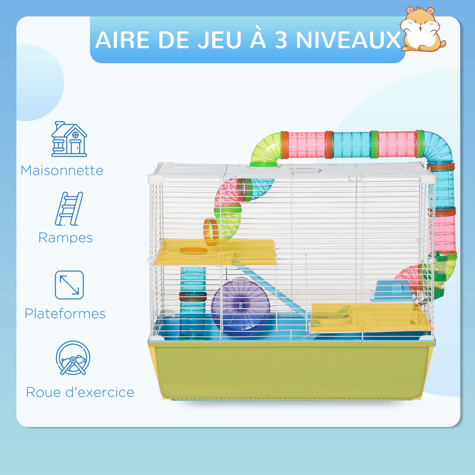 Hamster Rat Rodent Cage 3 Levels with Tunnel, Water Bottle, Wheel, House, Ladders dim. 59L x 36W x 47H cm