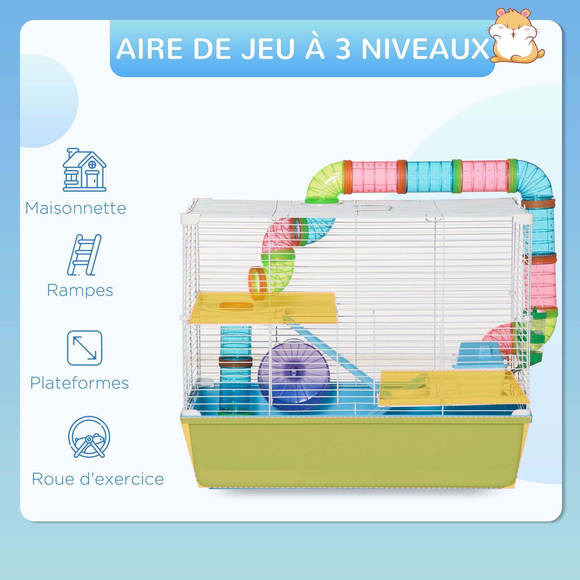 Hamster Rat Rodent Cage 3 Levels with Tunnel, Water Bottle, Wheel, House, Ladders dim. 59L x 36W x 47H cm