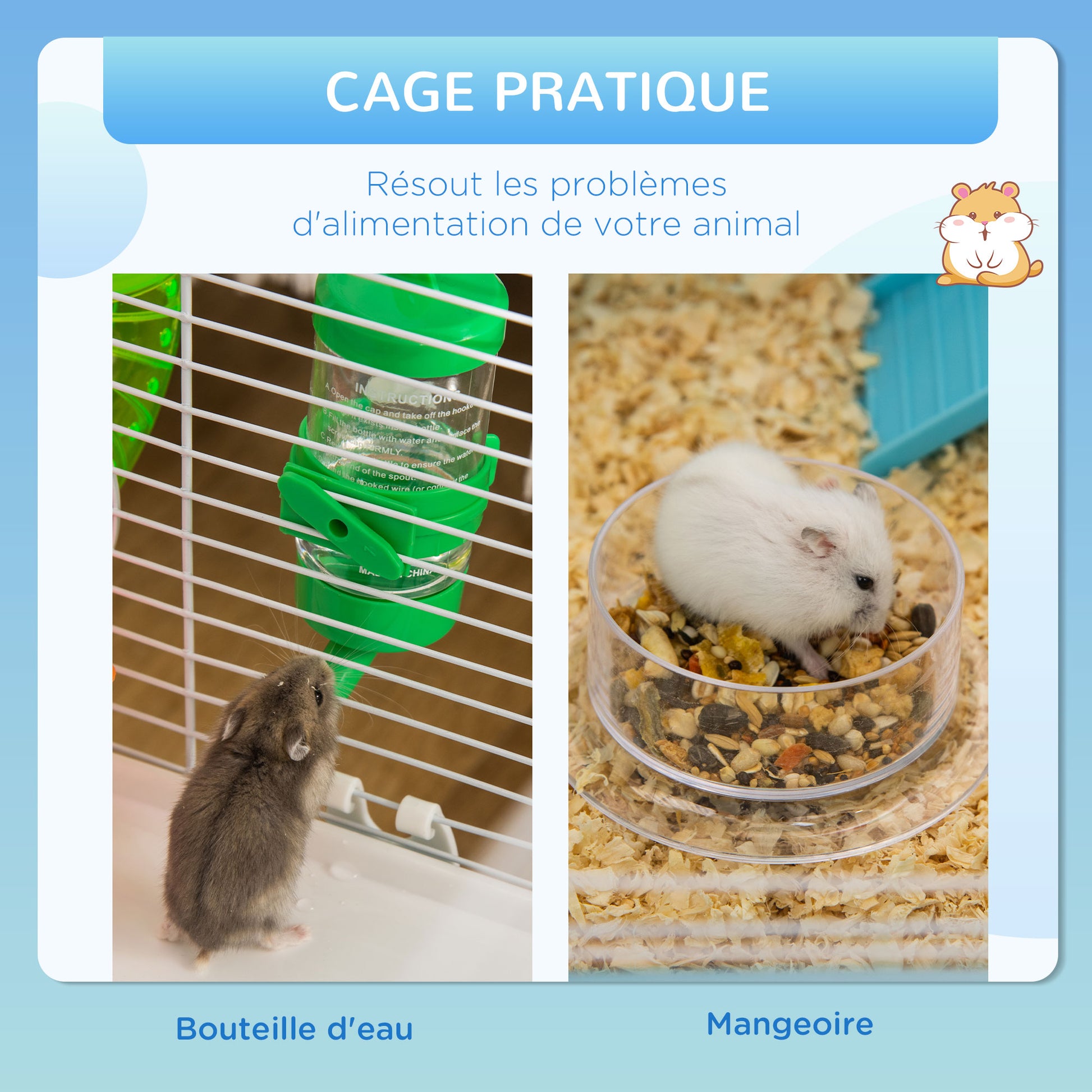 Hamster Rat Rodent Cage 3 Levels with Tunnel, Water Bottle, Wheel, House, Ladders dim. 59L x 36W x 47H cm