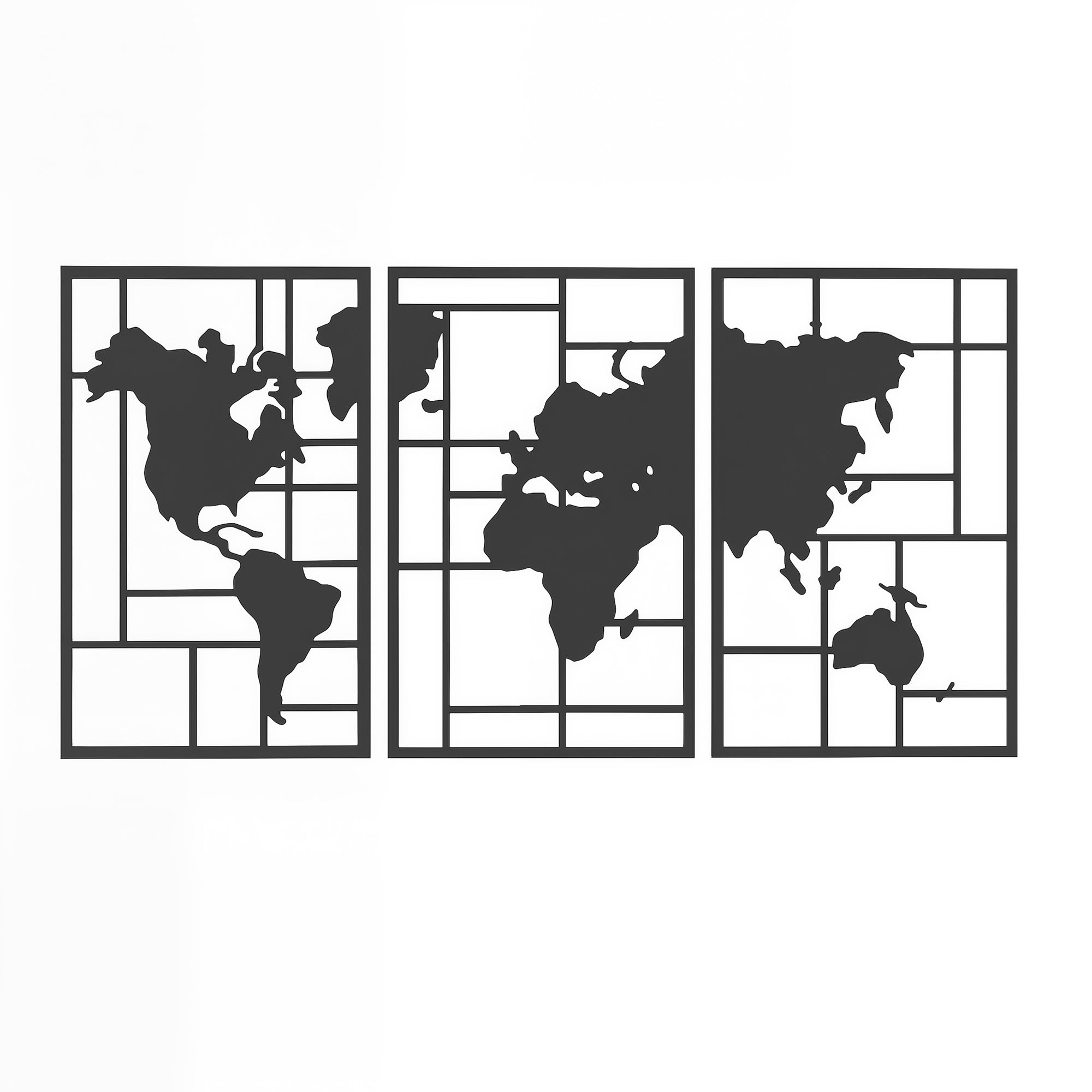 Metal World Map Wall Art, Set of 3, Black Geometric Metal Wall Decor for Living Room, Bedroom, Hallway
