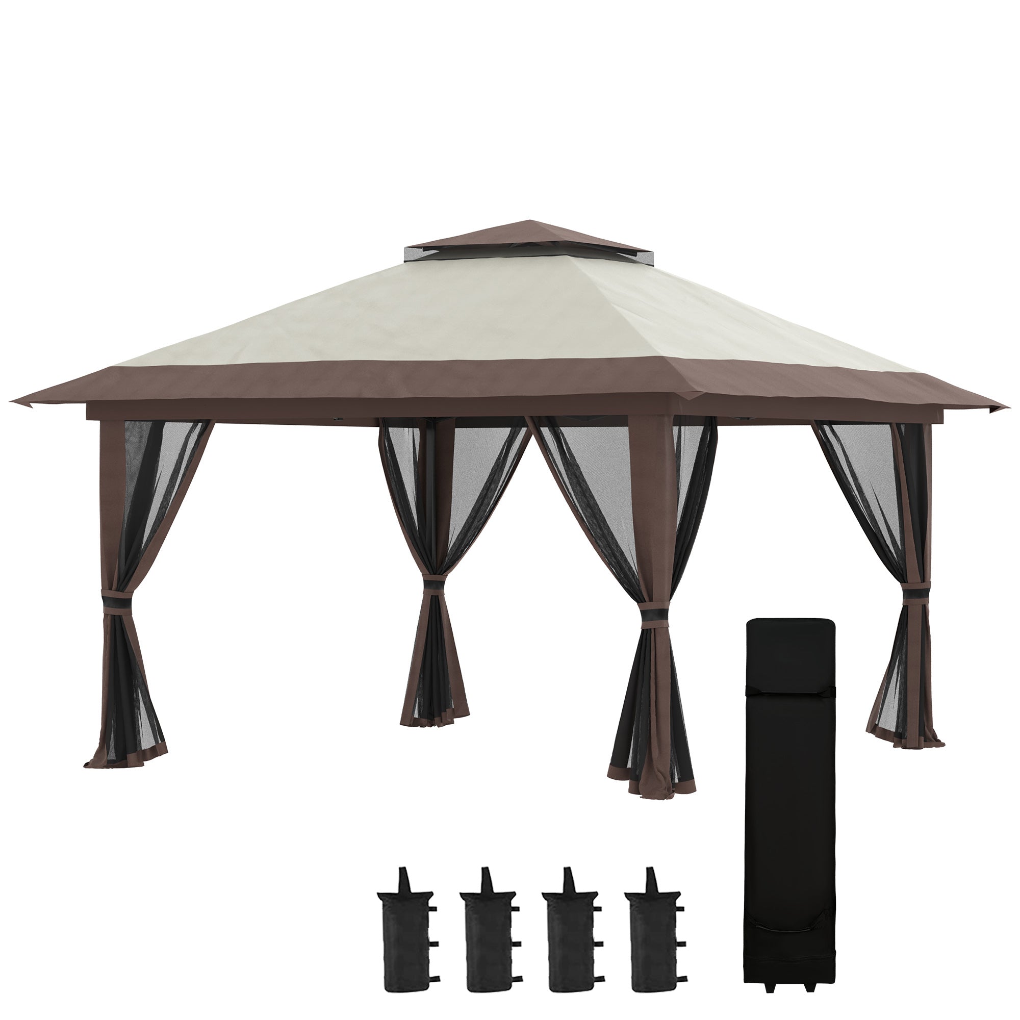 Pavilion 4x4m Sturdy Winterproof Pop-up Garden Canopy with Double Roof, UV Protection 50+ Party Tent Gazebo with 4 Side Panels Bag Sandbags for Camping Garden Festival, Beige