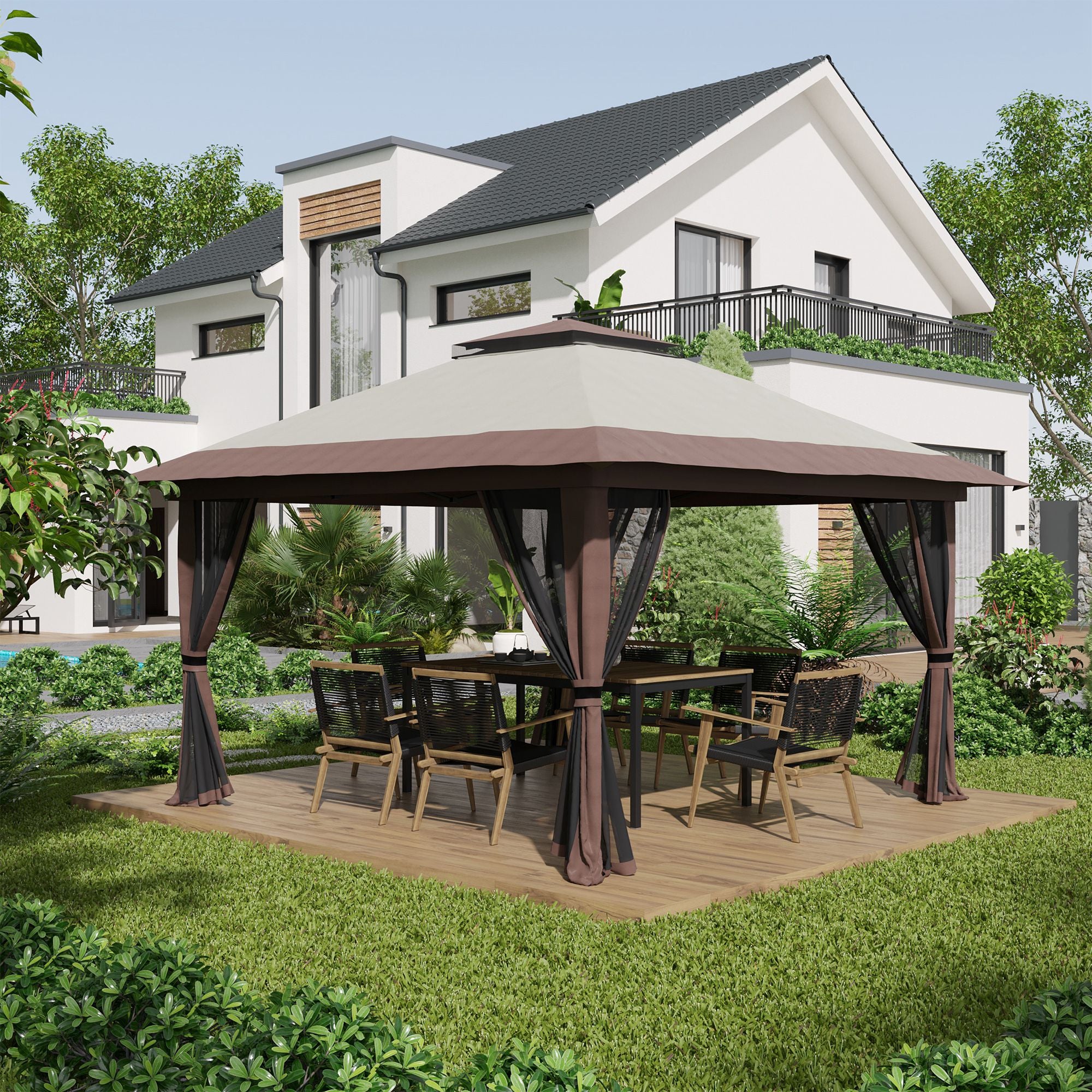 Pavilion 4x4m Sturdy Winterproof Pop-up Garden Canopy with Double Roof, UV Protection 50+ Party Tent Gazebo with 4 Side Panels Bag Sandbags for Camping Garden Festival, Beige