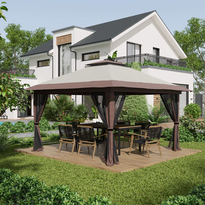 Pavilion 4x4m Sturdy Winterproof Pop-up Garden Canopy with Double Roof, UV Protection 50+ Party Tent Gazebo with 4 Side Panels Bag Sandbags for Camping Garden Festival, Beige