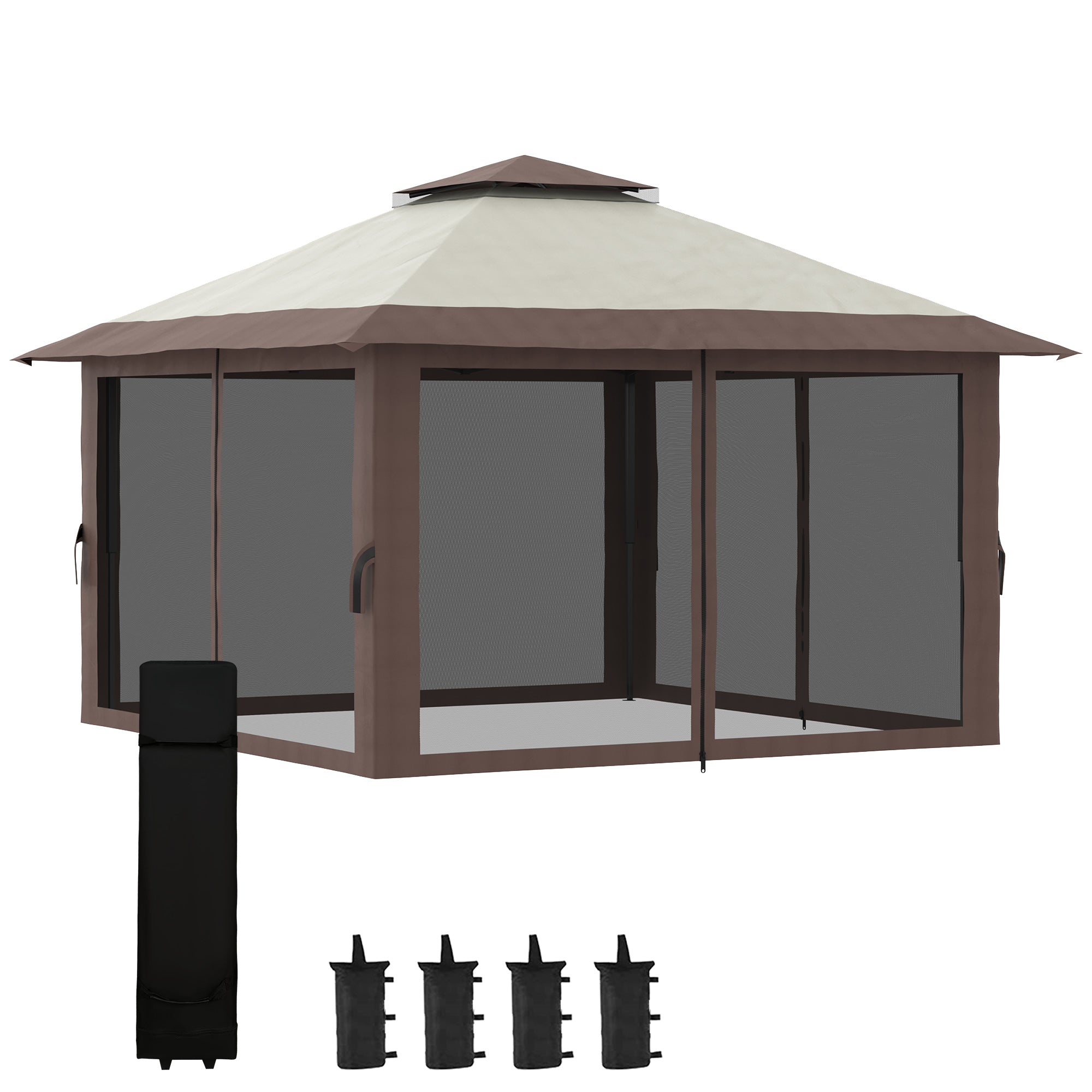 Pavilion 4x4m Sturdy Winterproof Pop-up Garden Canopy with Double Roof, UV Protection 50+ Party Tent Gazebo with 4 Side Panels Bag Sandbags for Camping Garden Festival, Beige