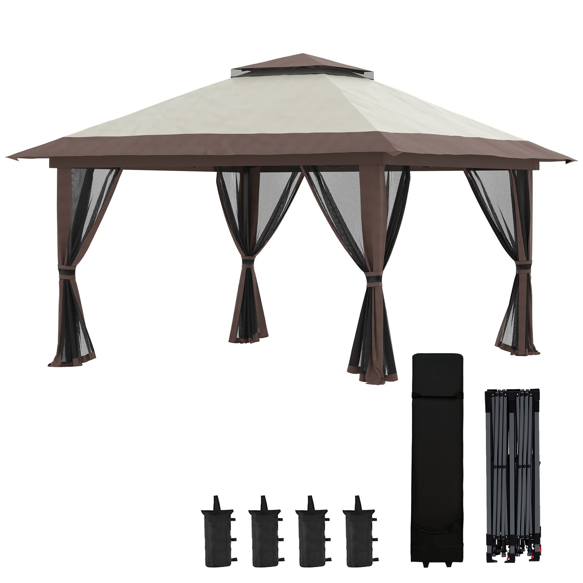 Pavilion 4x4m Sturdy Winterproof Pop-up Garden Canopy with Double Roof, UV Protection 50+ Party Tent Gazebo with 4 Side Panels Bag Sandbags for Camping Garden Festival, Beige