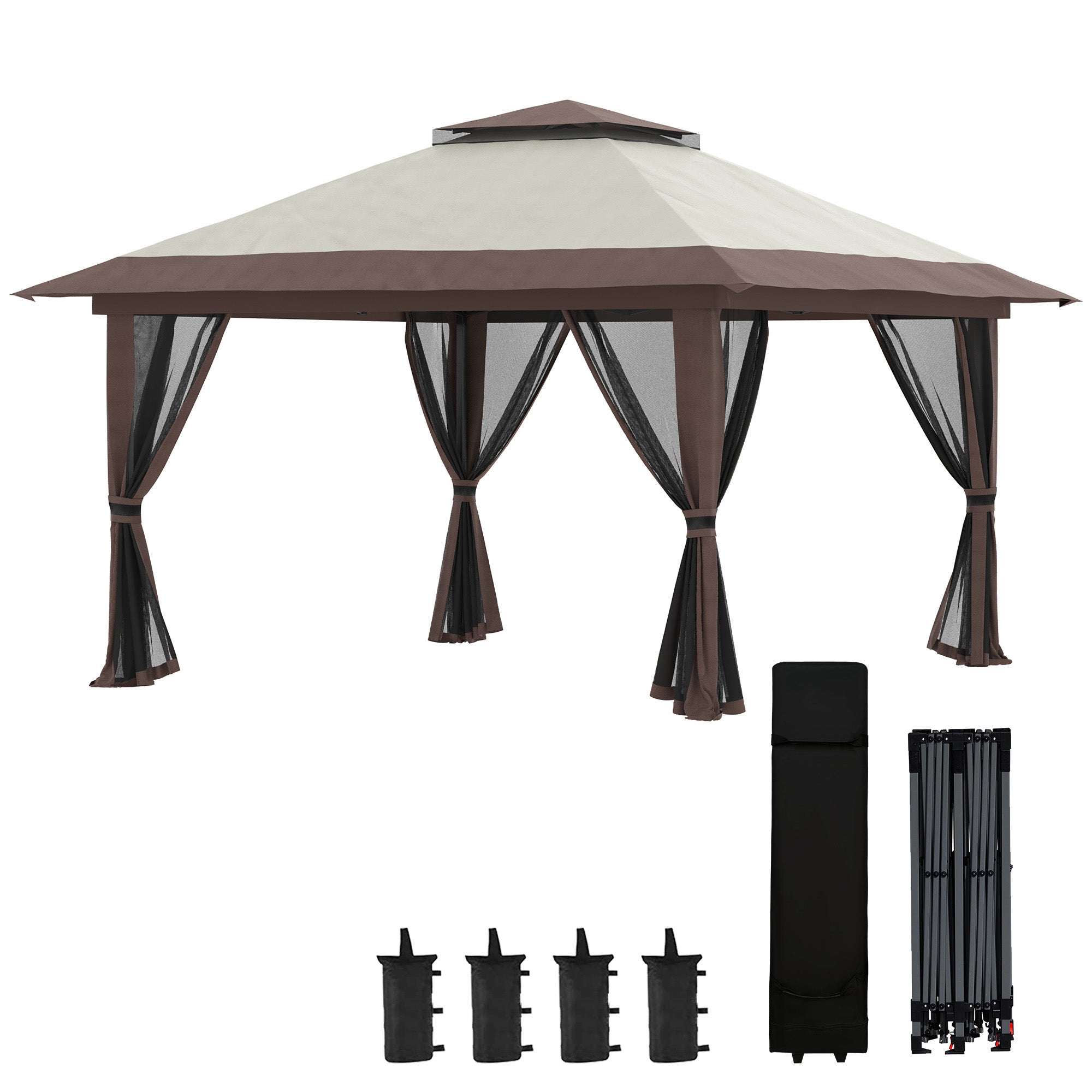 Pavilion 4x4m Sturdy Winterproof Pop-up Garden Canopy with Double Roof, UV Protection 50+ Party Tent Gazebo with 4 Side Panels Bag Sandbags for Camping Garden Festival, Beige