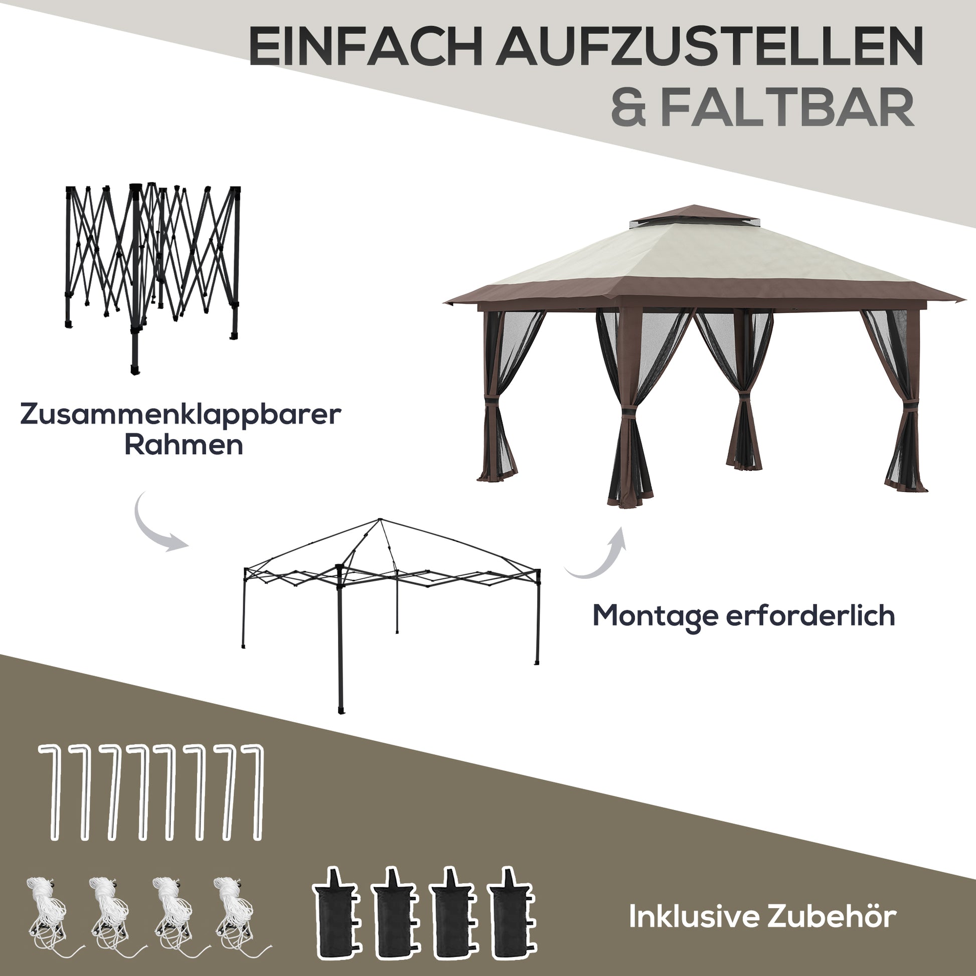 Pavilion 4x4m Sturdy Winterproof Pop-up Garden Canopy with Double Roof, UV Protection 50+ Party Tent Gazebo with 4 Side Panels Bag Sandbags for Camping Garden Festival, Beige