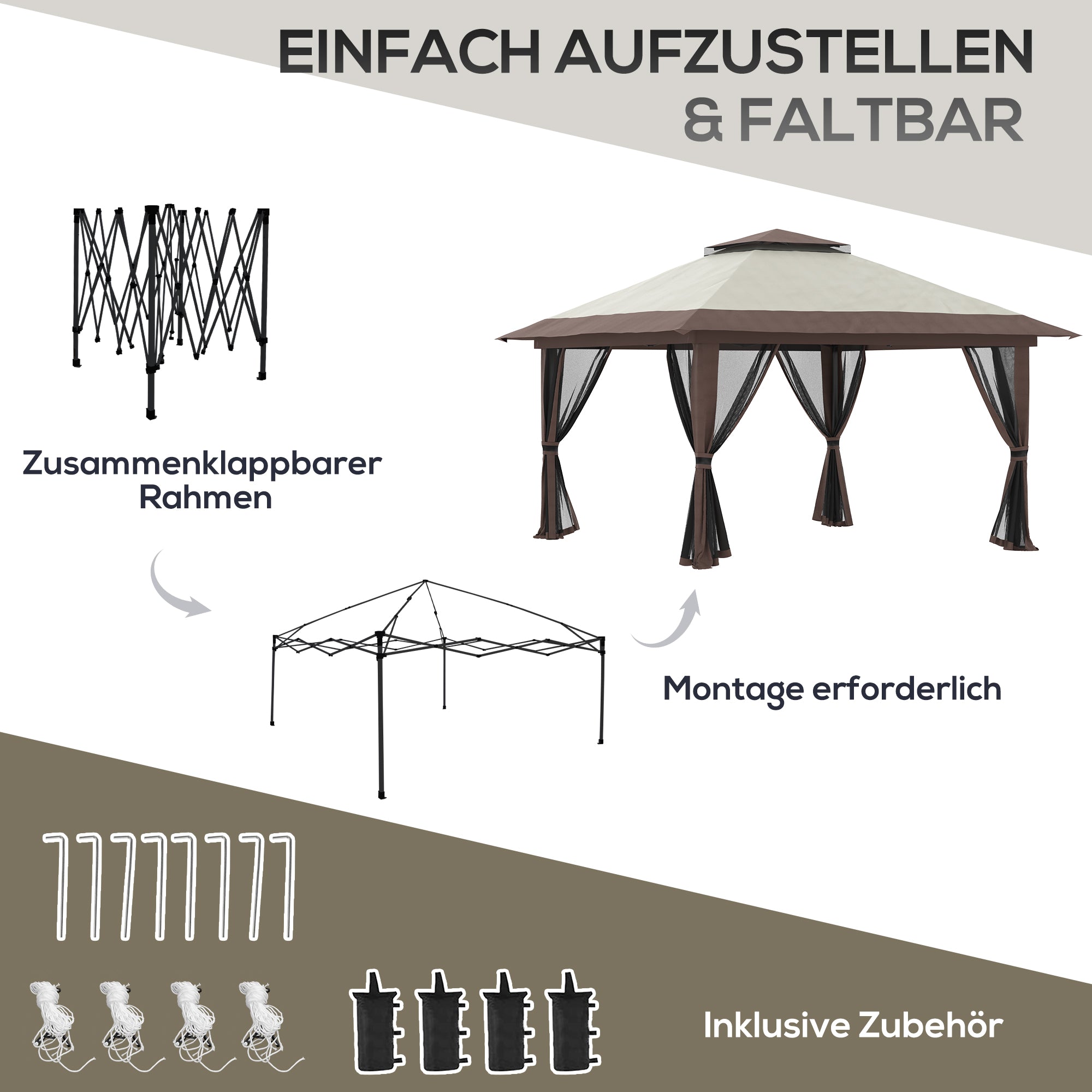 Pavilion 4x4m Sturdy Winterproof Pop-up Garden Canopy with Double Roof, UV Protection 50+ Party Tent Gazebo with 4 Side Panels Bag Sandbags for Camping Garden Festival, Beige