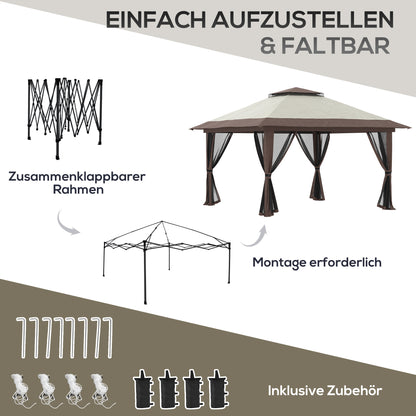 Pavilion 4x4m Sturdy Winterproof Pop-up Garden Canopy with Double Roof, UV Protection 50+ Party Tent Gazebo with 4 Side Panels Bag Sandbags for Camping Garden Festival, Beige