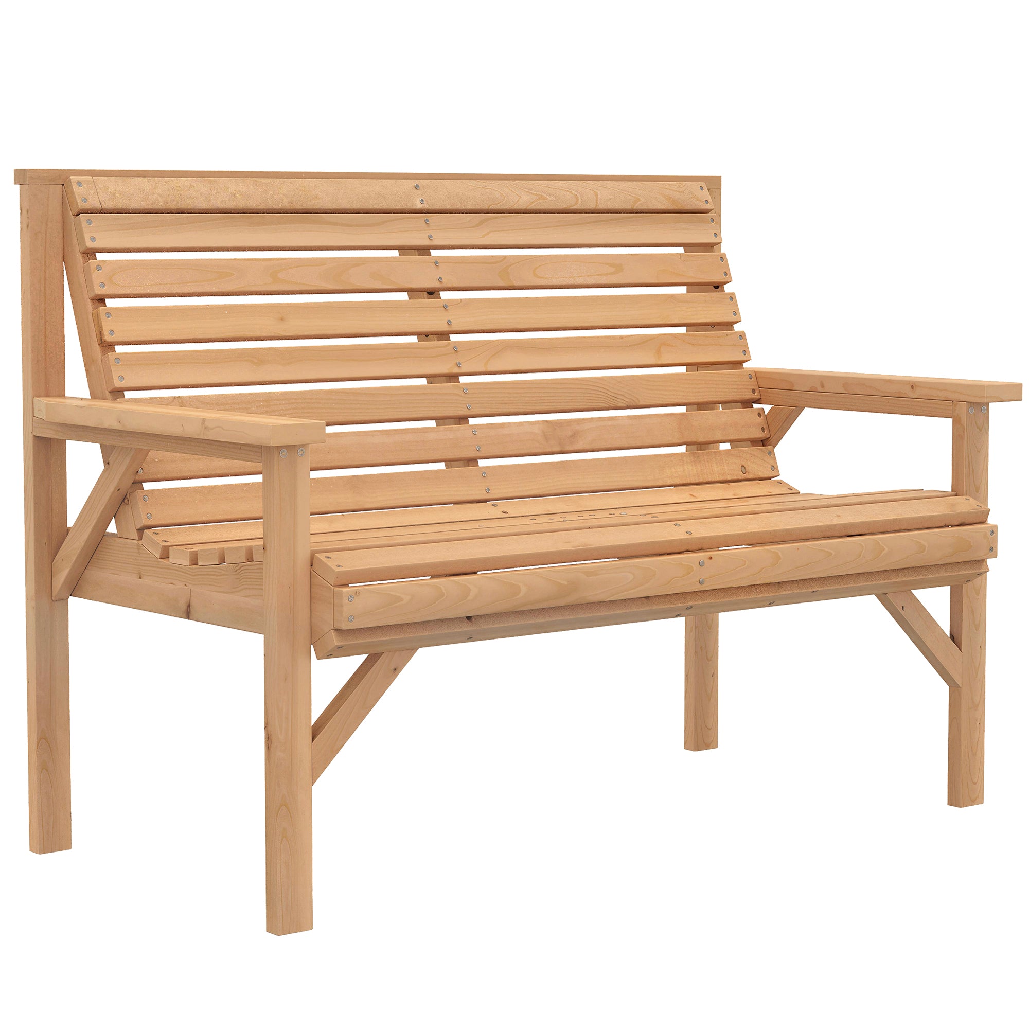 2-Seater Wooden Garden Bench — Slatted Bench with Armrests & Backrest, Fir Wood Frame for Garden, Balcony & Patio