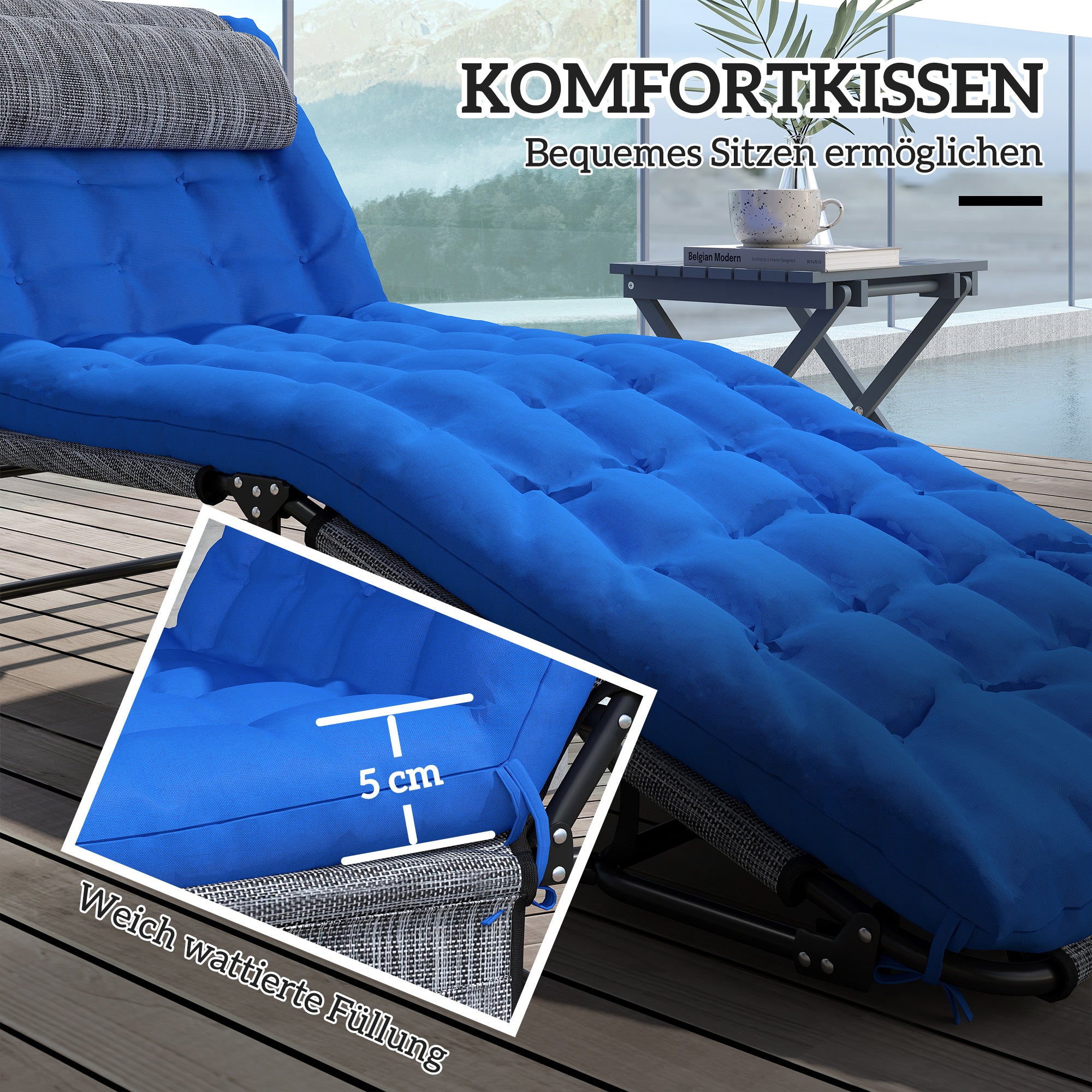 Folding Sun Lounger Garden Chair with Headrest, Deck Chair with 4-Position Adjustable Backrest, Weather-Resistant Camping Bed, Garden Chair up to 120 kg Load Capacity, for Garden Outdoor Pool, Blue