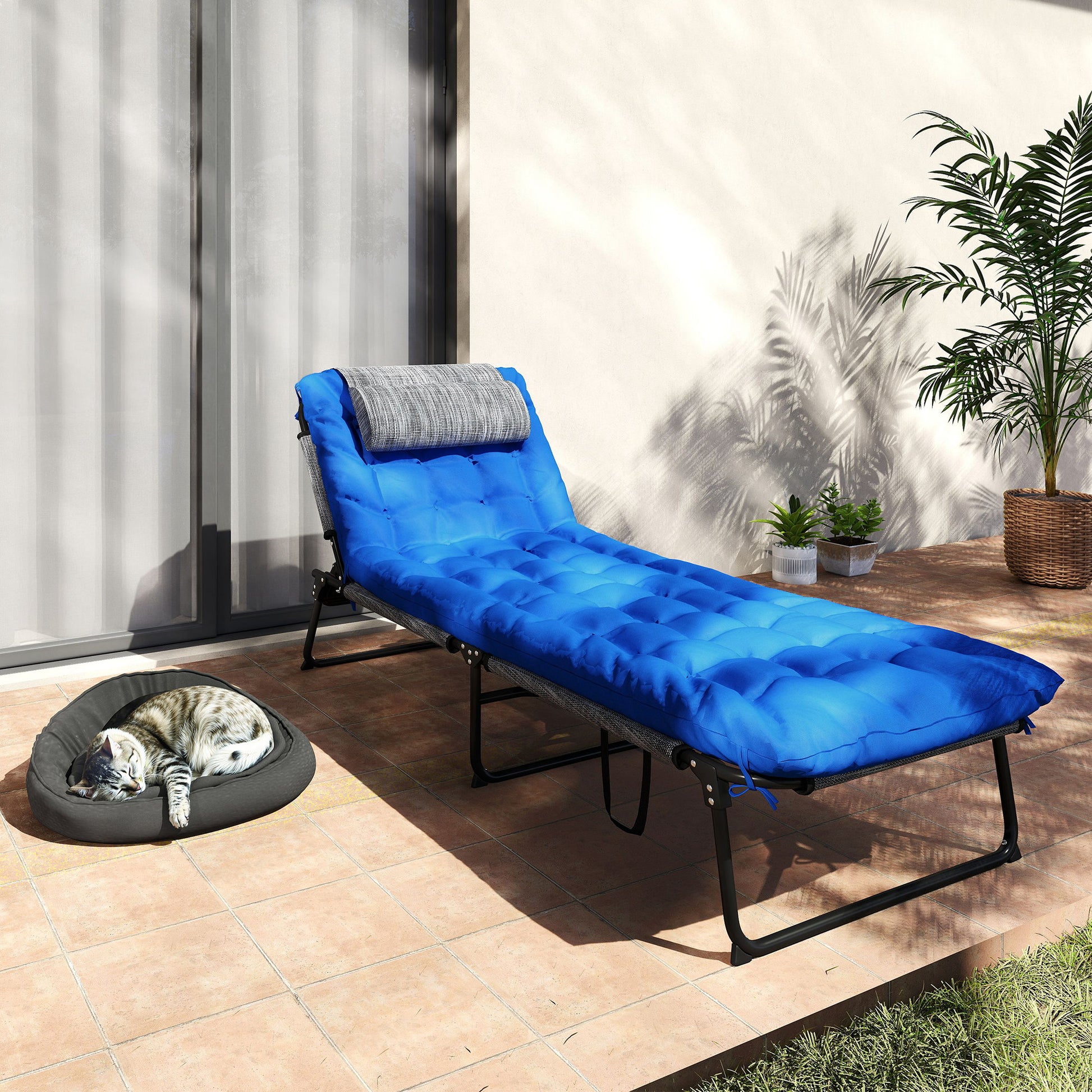Folding Sun Lounger Garden Chair with Headrest, Deck Chair with 4-Position Adjustable Backrest, Weather-Resistant Camping Bed, Garden Chair up to 120 kg Load Capacity, for Garden Outdoor Pool, Blue