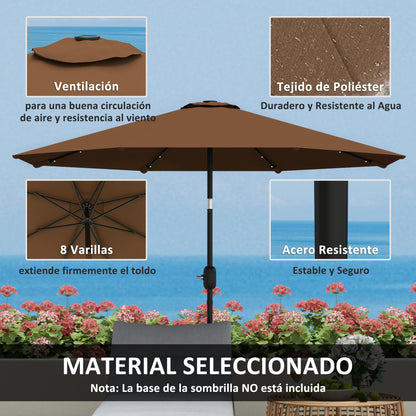 Terrace Outdoor Umbrella Ø265 cm Garden Umbrella with 32 Solar LED Lights Steel Pole and Crank Tilted Parasol for Patio Terrace Brown