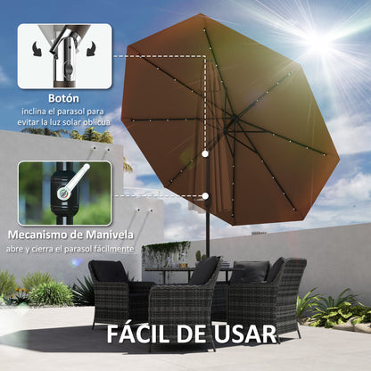 Terrace Outdoor Umbrella Ø265 cm Garden Umbrella with 32 Solar LED Lights Steel Pole and Crank Tilted Parasol for Patio Terrace Brown