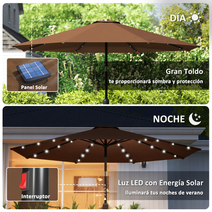 Terrace Outdoor Umbrella Ø265 cm Garden Umbrella with 32 Solar LED Lights Steel Pole and Crank Tilted Parasol for Patio Terrace Brown