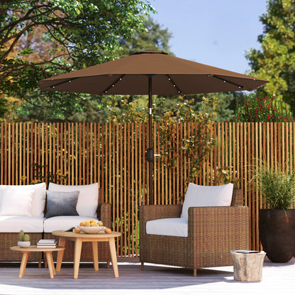 Terrace Outdoor Umbrella Ø265 cm Garden Umbrella with 32 Solar LED Lights Steel Pole and Crank Tilted Parasol for Patio Terrace Brown