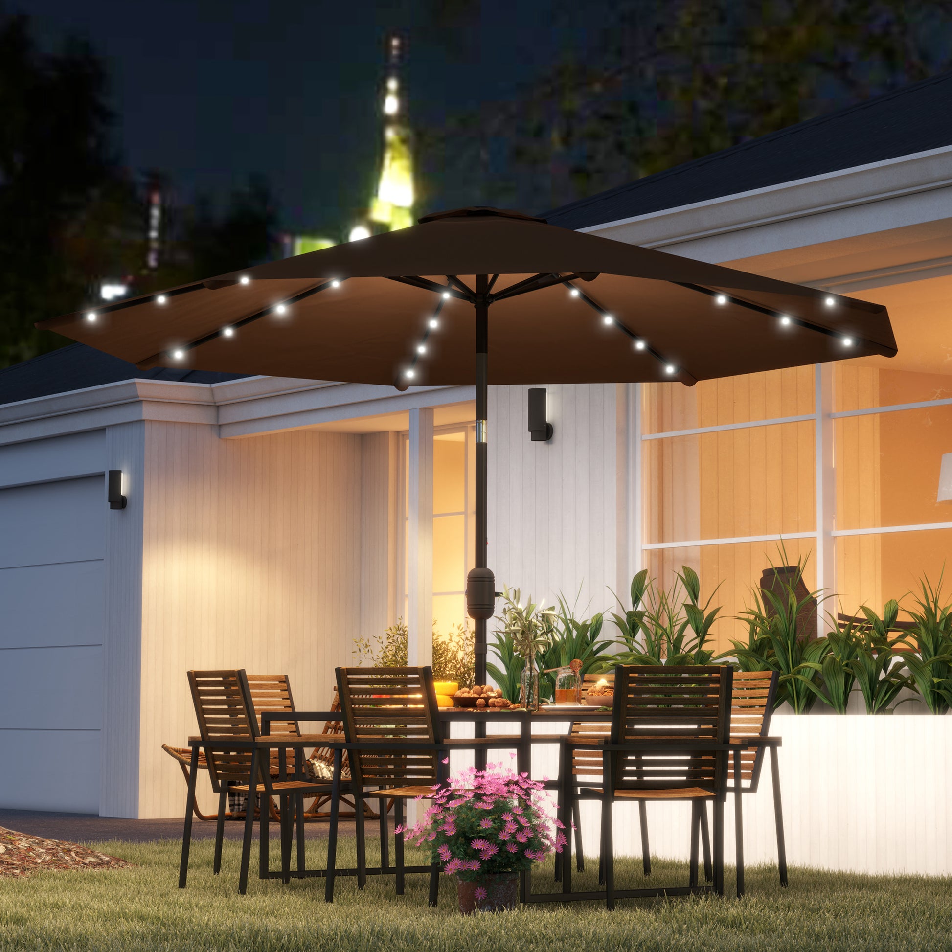 Terrace Outdoor Umbrella Ø265 cm Garden Umbrella with 32 Solar LED Lights Steel Pole and Crank Tilted Parasol for Patio Terrace Brown