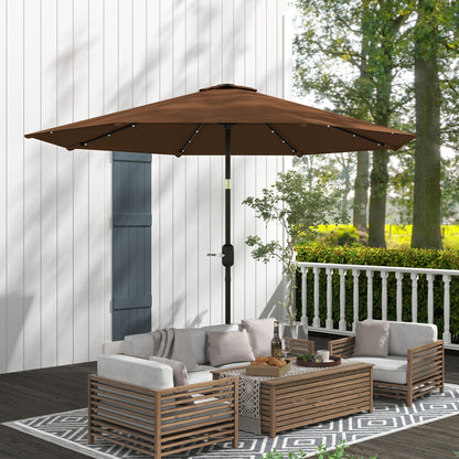 Terrace Outdoor Umbrella Ø265 cm Garden Umbrella with 32 Solar LED Lights Steel Pole and Crank Tilted Parasol for Patio Terrace Brown