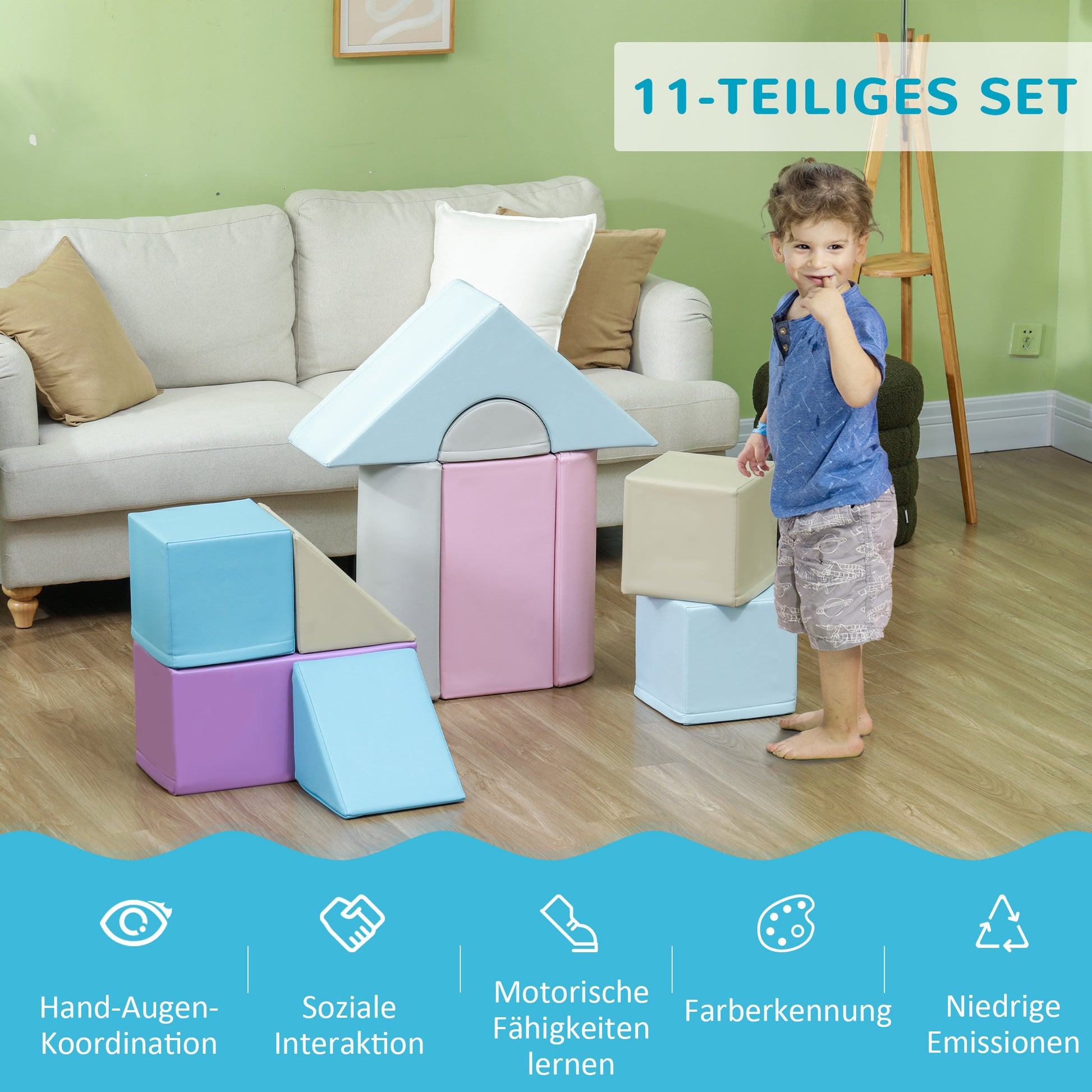 11-Piece Soft Building Blocks, Foam Blocks, Building Block Set for Climbing, Soft Giant Building Blocks, Building Bricks for 1-3 Years Old Kids, Faux Leather, Multicolored