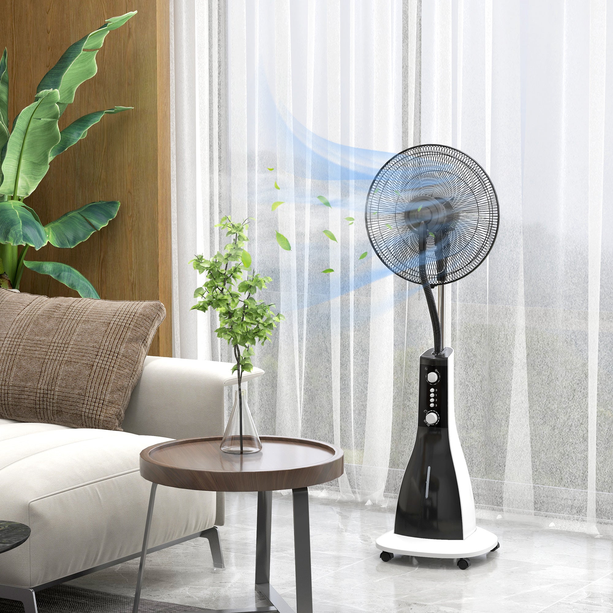 Stand Fan with Water, Fan with Mist Function, 3 Modes, Oscillating 90W Stand Fan with Water Cooling, 3L Water Tank, Timer, Wheels, Black