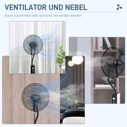 Stand Fan with Water, Fan with Mist Function, 3 Modes, Oscillating 90W Stand Fan with Water Cooling, 3L Water Tank, Timer, Wheels, Black