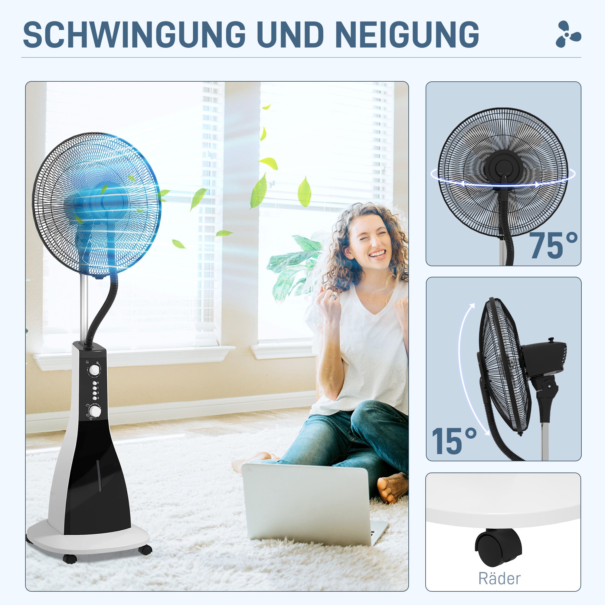 Stand Fan with Water, Fan with Mist Function, 3 Modes, Oscillating 90W Stand Fan with Water Cooling, 3L Water Tank, Timer, Wheels, Black