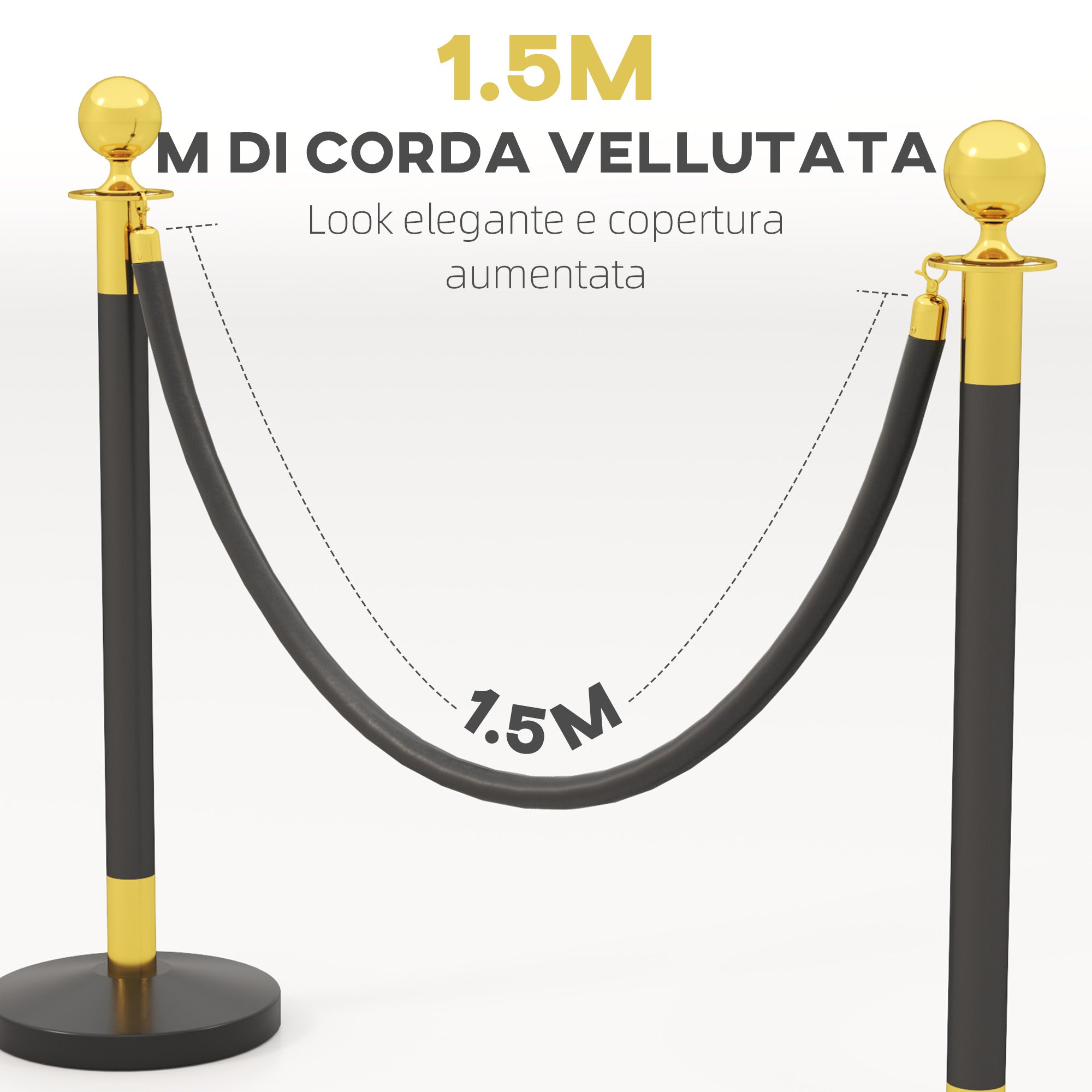 Path Marking Columns with 1.5m Velvet Rope and Fillable Base, Stainless Steel Delimitation Poles, for Hotels and Restaurants, Ø32x96 cm, Black