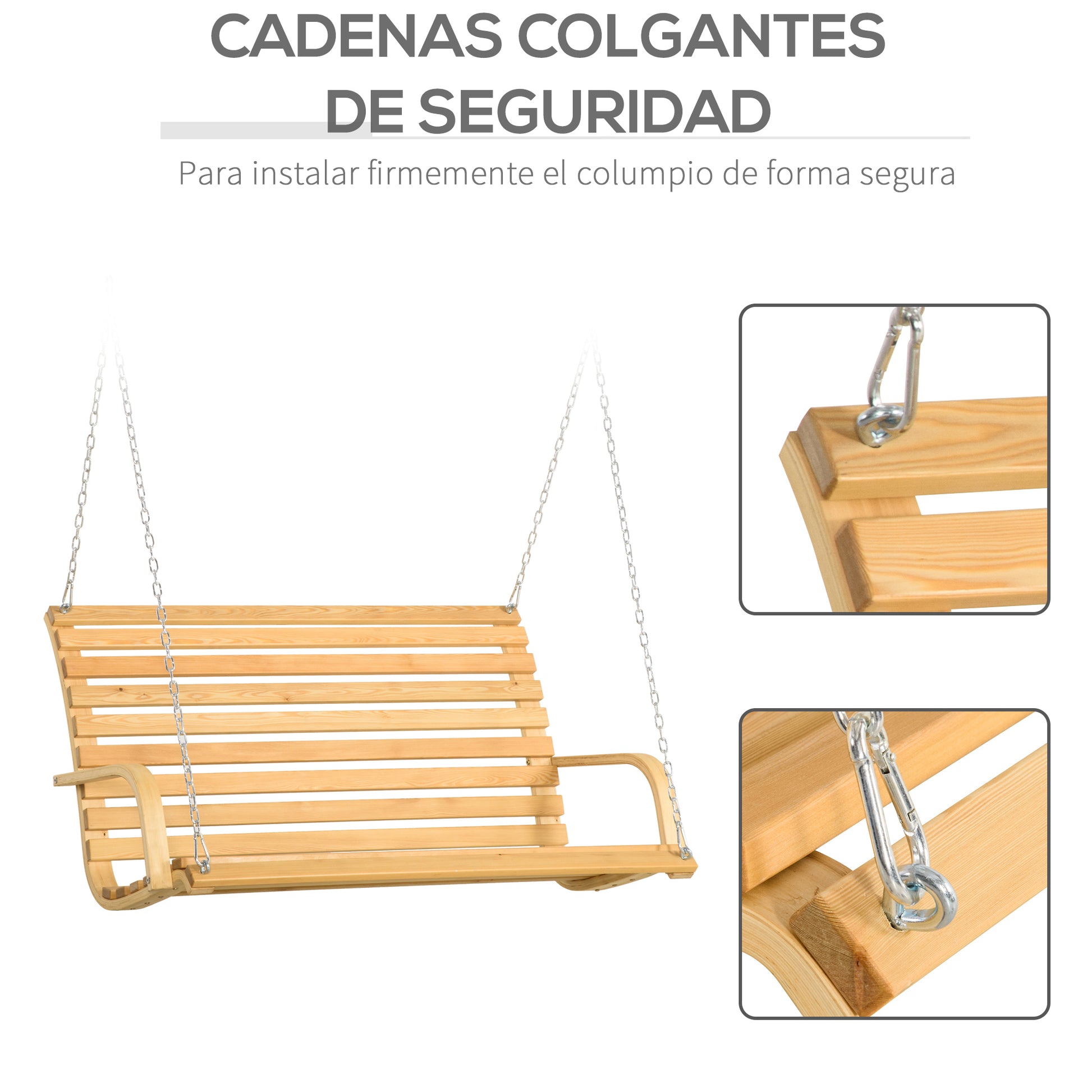 2-Seater Wooden Hanging Swing Bench Load Capacity 250 kg for Garden Terrace Balcony Outdoor 141.5x51x78 cm Natural