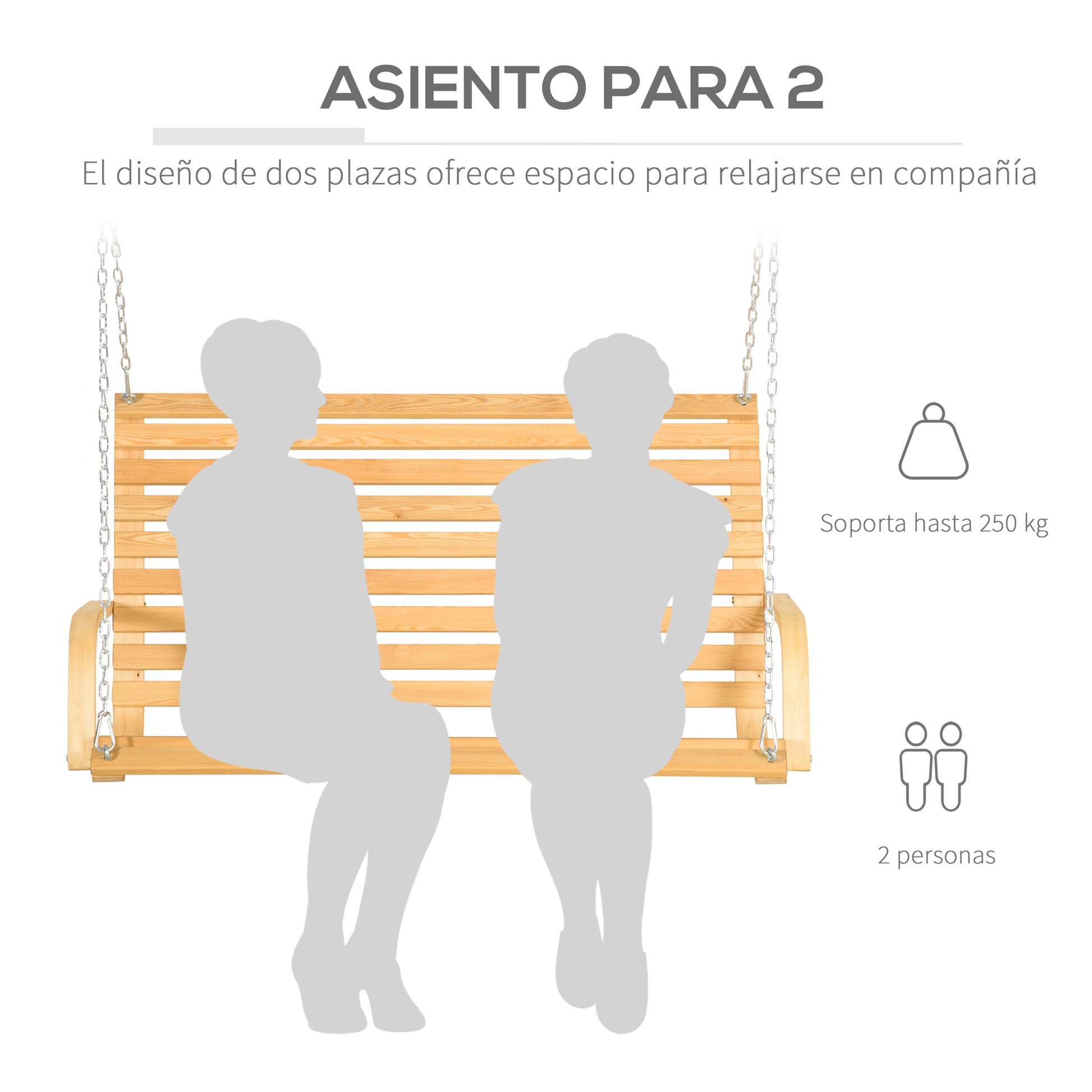 2-Seater Wooden Hanging Swing Bench Load Capacity 250 kg for Garden Terrace Balcony Outdoor 141.5x51x78 cm Natural