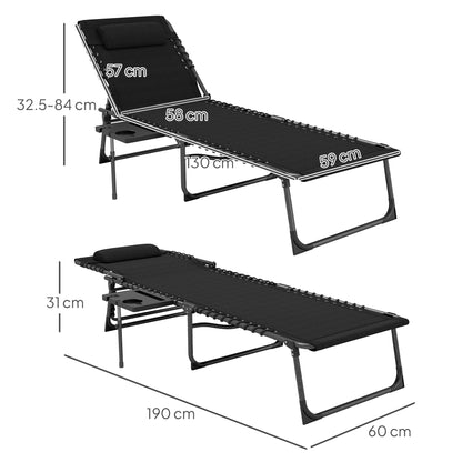 Folding sun lounger chair with tray, headrest, side pocket, reclining Oxford 600D sun lounger, outdoor garden sun lounger for camping pool terrace 60x190x31cm black
