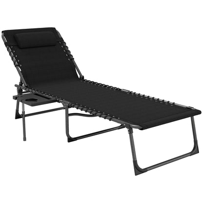 Folding sun lounger chair with tray, headrest, side pocket, reclining Oxford 600D sun lounger, outdoor garden sun lounger for camping pool terrace 60x190x31cm black
