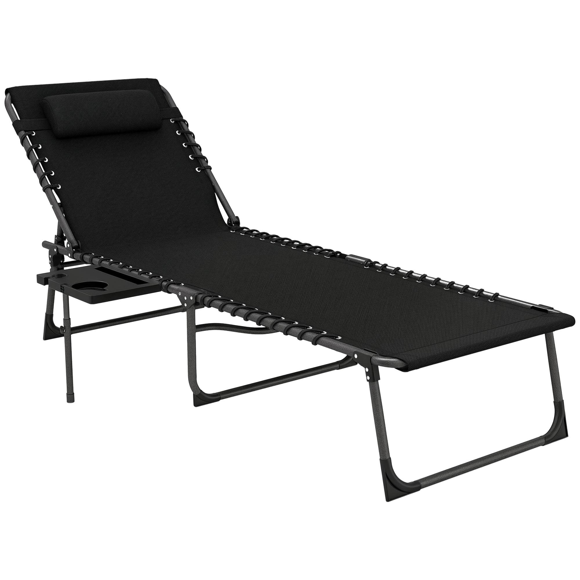 Folding sun lounger chair with tray, headrest, side pocket, reclining Oxford 600D sun lounger, outdoor garden sun lounger for camping pool terrace 60x190x31cm black