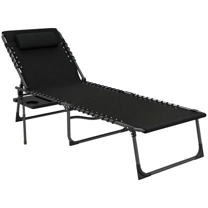 Folding sun lounger chair with tray, headrest, side pocket, reclining Oxford 600D sun lounger, outdoor garden sun lounger for camping pool terrace 60x190x31cm black