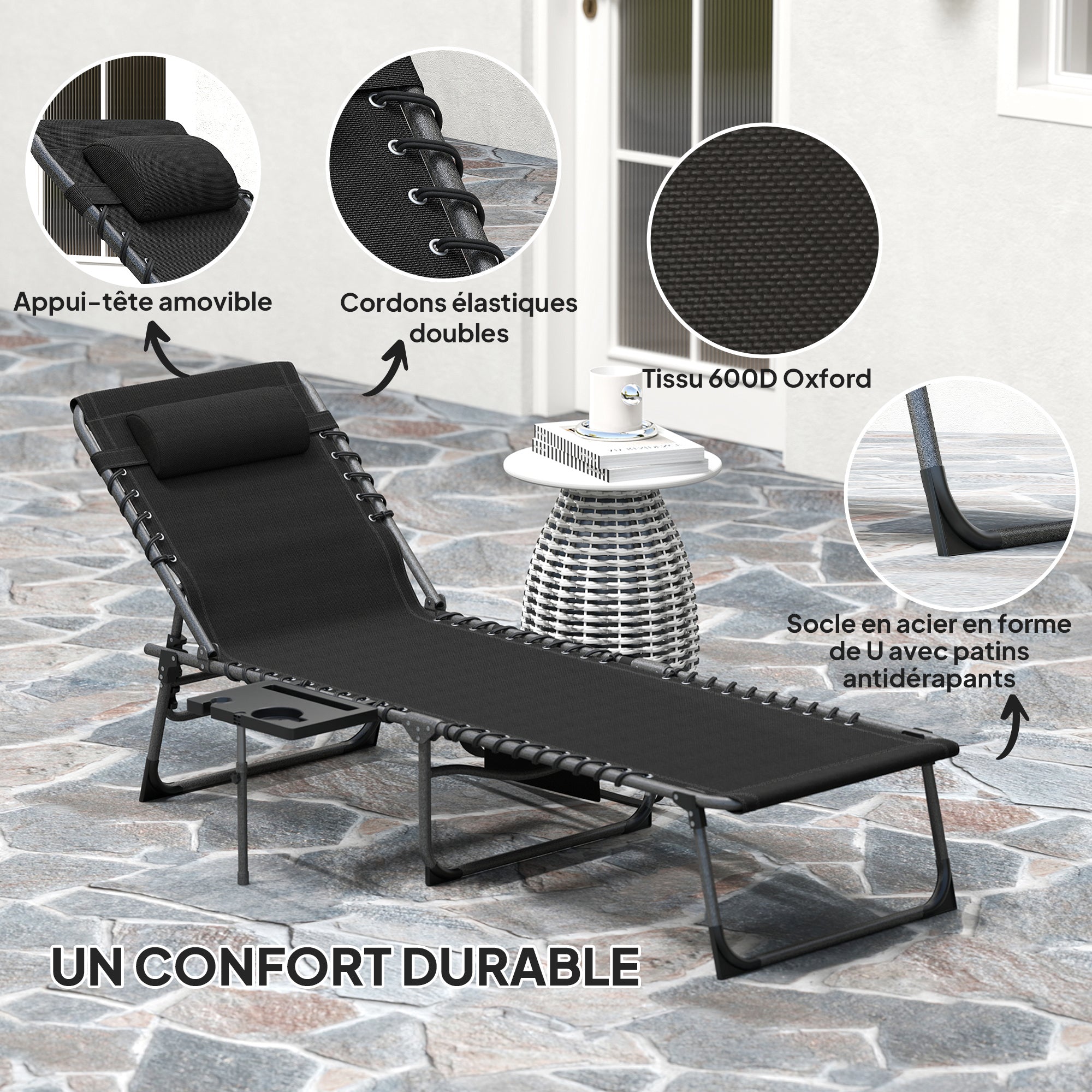 Folding sun lounger chair with tray, headrest, side pocket, reclining Oxford 600D sun lounger, outdoor garden sun lounger for camping pool terrace 60x190x31cm black