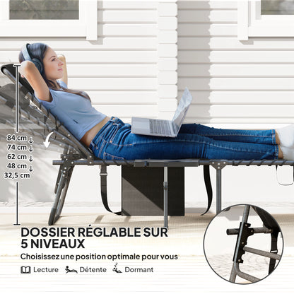 Folding sun lounger chair with tray, headrest, side pocket, reclining Oxford 600D sun lounger, outdoor garden sun lounger for camping pool terrace 60x190x31cm black
